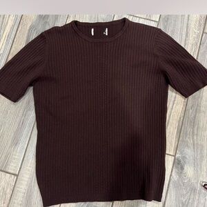 Vintage Dark Brown Ribbed Short Sleeve Top 100% Cotton Size M/L EUC